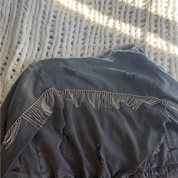 Black Distressed Fringed Rhinestone Denim Jacket - Picture 2 of 3